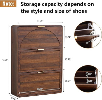 Hidden Shoe Cabinet with Drawer, Free Standing Narrow Shoe Rack Cabinet for Entryway Slim, 3 Flip Drawer Shoe Storage Organizer Cabinet for Entry,Hallway,Door,Dorm,Small Spaces - Walnut