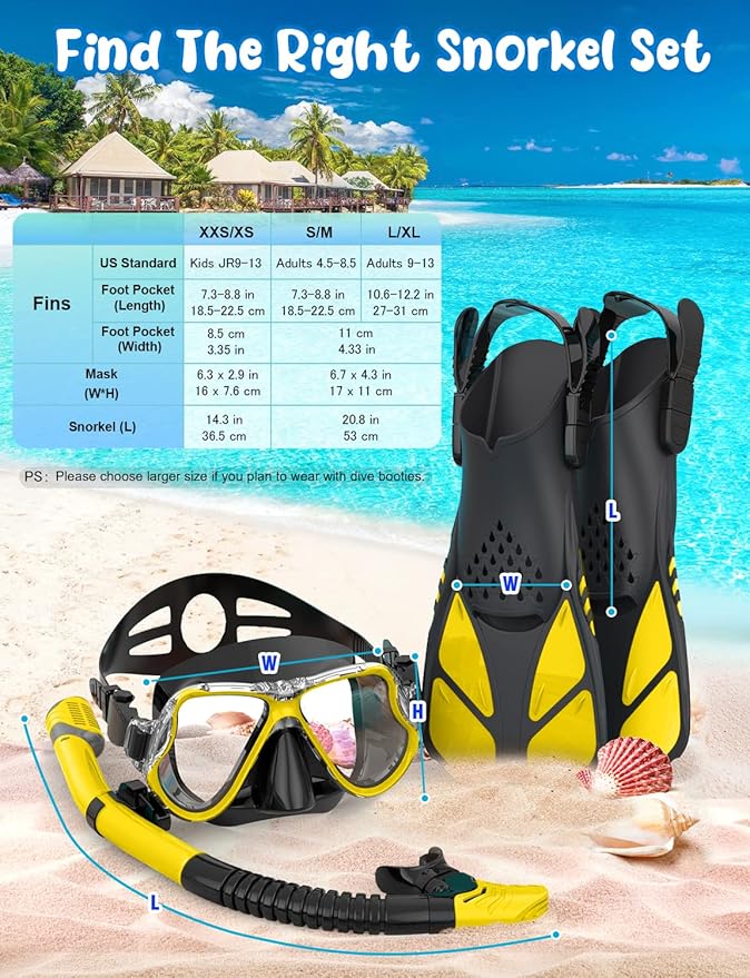 Zenoplige Mask Fins Snorkel Set, Snorkeling Gear for Adults, Panoramic View Snorkel Mask Anti-Fog, Adjustable Dive Flippers, Dry Top Snorkel and Travel Bag, Scuba Gear for Swimming Snorkeling Diving