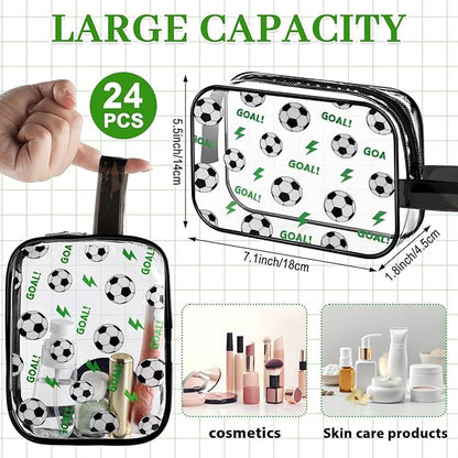 24 PCS Soccer Gift Accessories Bags Soccer Cosmetic Bags Goodie Snack Makeup Pouch Bag Waterproof Clear PVC Travel Bag with Zipper for Girls Team Gifts Valentine Player Sport Party Favors