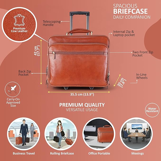 Genuine Leather Wheeled Laptop Briefcase – Tan Rolling Cabin Flight Pilot Bag for Men – 29L Travel Carry-On Case with Adjustable Strap, Trolley Wheels, and Antique Brass Hardware