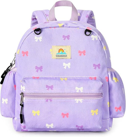 STEAMEDBUN Corduroy Toddler Backpack for Girls 2-4: Kids backpack for Girls - 12 inch Preschool Kindergarten Backpacks - Purple Bow