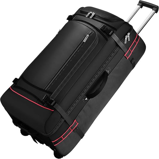 100L Extra Large Rolling Duffel Bag with Wheels and Handle – 33" Heavy-Duty 1600D PVC Checked Luggage for Business Travel and Men’s Week-Long Trips, Foldable Base Design