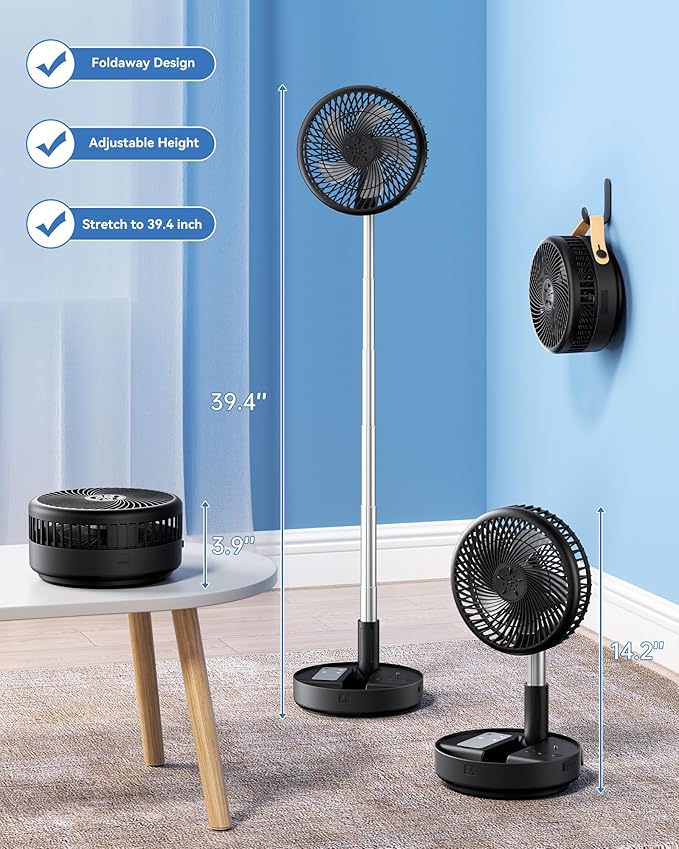 Portable Oscillating Travel Fan, 10400mAh Battery Operated Rechargeable USB Floor Table Desk Fan with Remote, 4 Speed Settings Pedestal Fan for Home Bedroom Office Camping Cruise, Black 8"