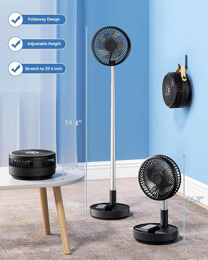 Portable Oscillating Travel Fan, 10400mAh Battery Operated Rechargeable USB Floor Table Desk Fan with Remote, 4 Speed Settings Pedestal Fan for Home Bedroom Office Camping Cruise, Black 8"