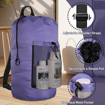 Laundry Bag Backpack Large Travel Laundry Bag with Adjustable Shoulder Straps Portable Laundry Hamper for College, Dorm, Apartment Camp (Purple)