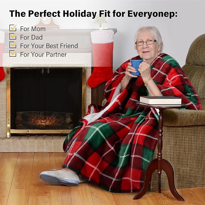 Catalonia Sherpa Wearable Blanket Poncho for Adult Women Men, Wrap Blanket Cape with Pocket, Warm, Soft, Cozy, Snuggly, Comfort Gift, No Sleeves, Plaid Buffalo Christmas
