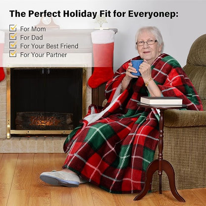 Catalonia Sherpa Wearable Blanket Poncho for Adult Women Men, Wrap Blanket Cape with Pocket, Warm, Soft, Cozy, Snuggly, Comfort Gift, No Sleeves, Plaid Buffalo Christmas