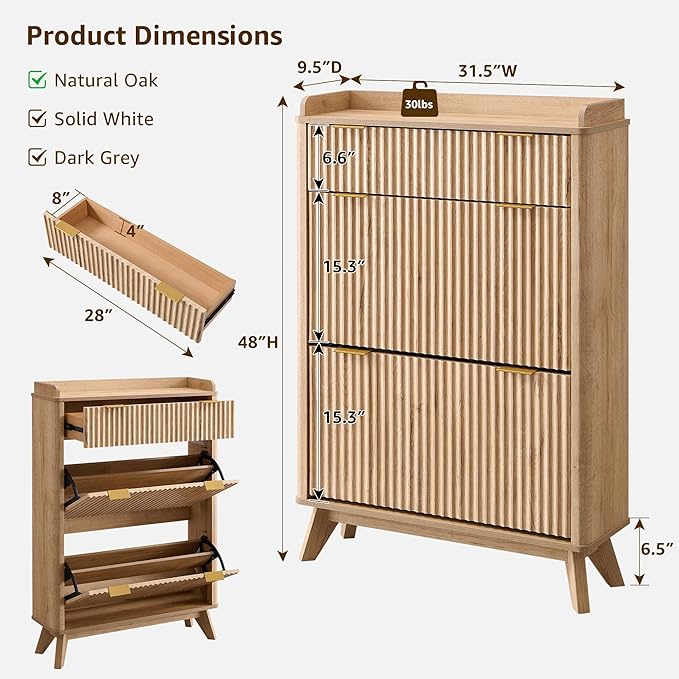 T4TREAM Fluted Shoe Storage Cabinet with 2 Flip Drawers & Top Drawer, 48" Tall Narrow Shoe Organizer, Curved Profile Design, Wooden Shoe Rack for Entryway, Hallway - Natural Oak
