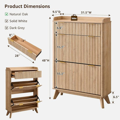 T4TREAM Fluted Shoe Storage Cabinet with 2 Flip Drawers & Top Drawer, 48" Tall Narrow Shoe Organizer, Curved Profile Design, Wooden Shoe Rack for Entryway, Hallway - Natural Oak