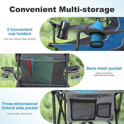 LET'S CAMP Oversized Outdoor Folding Camping Chair, Heavy Duty Arm Chair with Cup Holder and Storage Bag, 350 LBS Weight Capacity, Blue