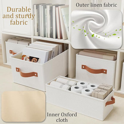 OUTBROS Fabric Storage Boxes, Foldable Bins With Handles, Wardrobe Baskets for Organizing, For bedrooms, living rooms, Shelves, White, 16.1 x 6.5 x 9.8 inch, 6-Pack