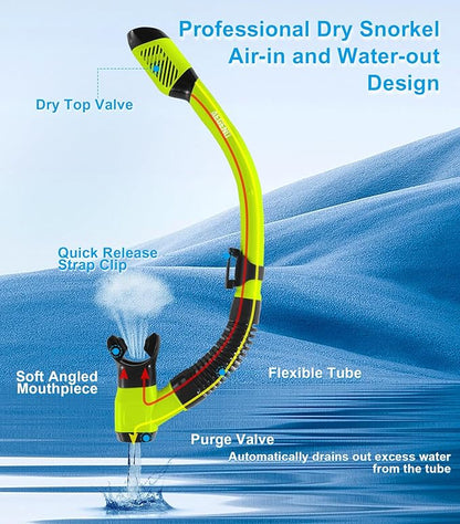 Aegend Snorkeling Gear for Adults Youth Kids, Dry Snorkel Set Panoramic View Enhanced Anti-Leak and Anti-Fog Technology, Adjustable Strap for Snorkeling Scuba Diving Swimming with Mesh Bag