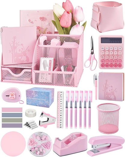 23pc Pink Desk Accessories and Organizers with Mesh Organizer Stapler Tape Dispenser Calculator and a Lot of Office Pink Office Supplies Beautifully Presented in a Gift Box