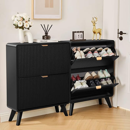 RARZOE Set of 2 Fluted Shoe Storage Cabinets for Entryway, Narrow Curved Shoe Cabinet with 2 Flip Drawers, Freestanding Wood Hidden Shoe Organizer Closed Shoe Rack Cabinet for Foyer,Hallway (Black)