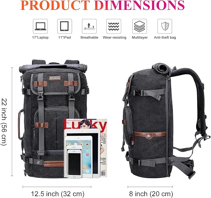 WITZMAN Canvas Backpack Vintage Travel Backpack Large Laptop Bags Convertible Shoulder Rucksack(A519-1 Black)