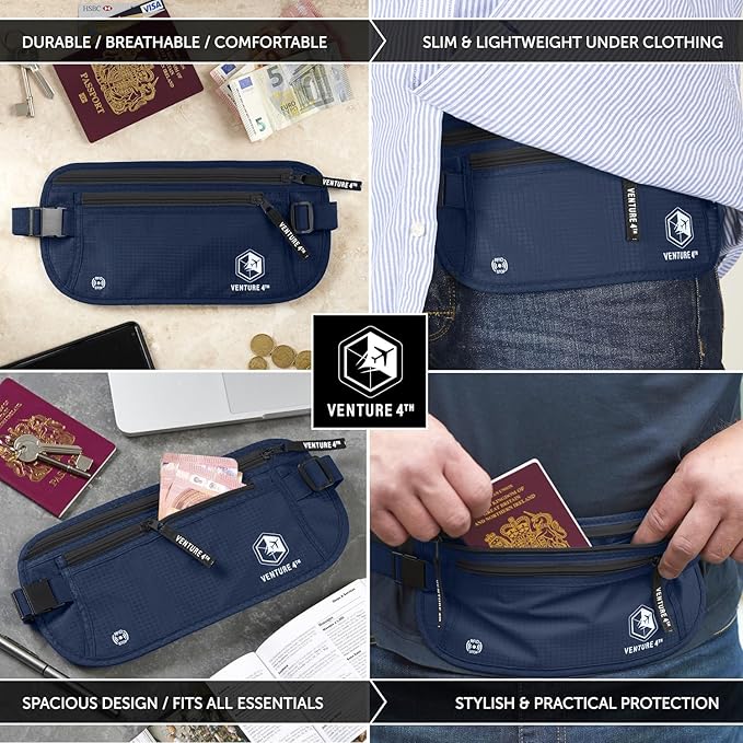 VENTURE 4TH Money Belt for Travel – Hidden Under-Clothes RFID Blocking Passport Holder & Slim Travel Wallet Pouch for Men & Women to Protect Cash, Cards & Documents (Navy Blue)