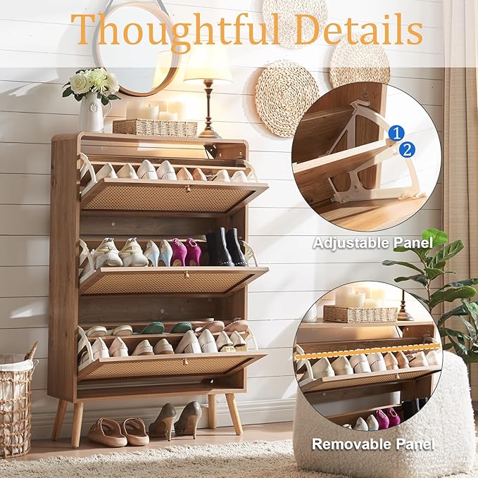 Rattan Shoe Cabinet with 3 Flip Drawers, 48 Pairs Narrow Shoe Storage Cabinet for Entryway Freestanding Hidden Shoe Rack, Modern Slim Wood Shoe Organizer for Hallway, Natural