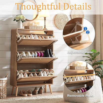 Rattan Shoe Cabinet with 3 Flip Drawers, 48 Pairs Narrow Shoe Storage Cabinet for Entryway Freestanding Hidden Shoe Rack, Modern Slim Wood Shoe Organizer for Hallway, Natural