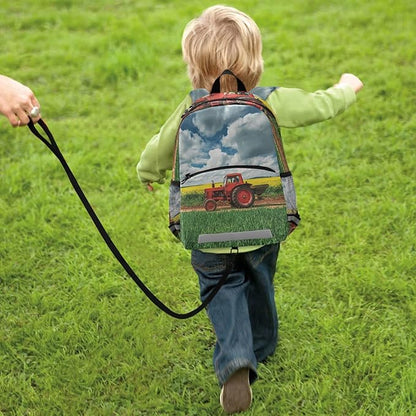 Red Tractor in Field Kid's Toddler Backpack for Boys Girls Preschool Nursery with Safety Leash (012214)