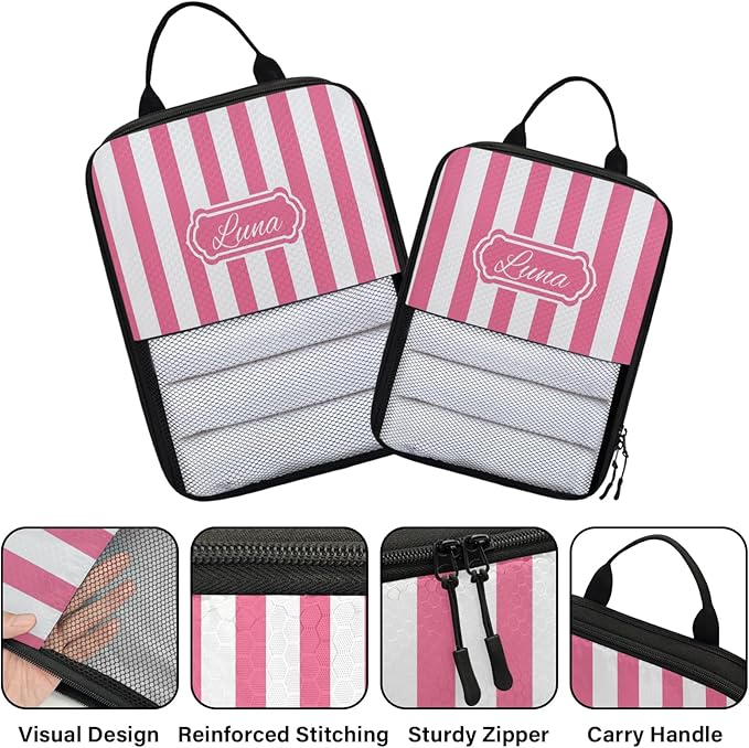 Custom 6 Set Compression Packing Cubes with Name Personalized Compressible Expandable Packing Organizers Luggage Carry On Suitcase Bags Travel Accessories Gifts, Deep Pink Stripe