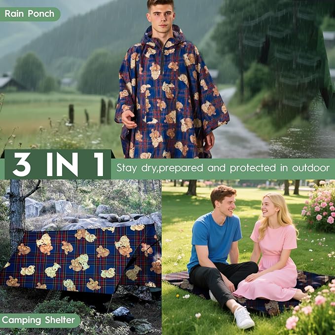 Bruvoalon 3-in-1 Rain Poncho with 1/4 Zip & Chest Pocket, Waterproof, Sunshade, Ground Mat for Adults & Youth Emergency