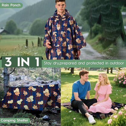 Bruvoalon 3-in-1 Rain Poncho with 1/4 Zip & Chest Pocket, Waterproof, Sunshade, Ground Mat for Adults & Youth Emergency
