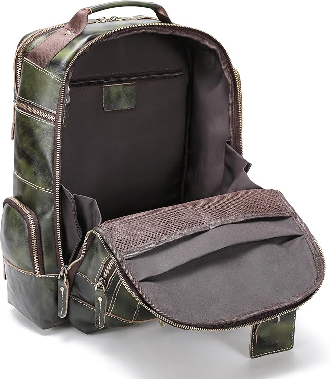 LANNSYNE Vegetable Tanned Leather Backpack for Men, 15.6" Laptop Backpack Camping Travel 24L Rucksack