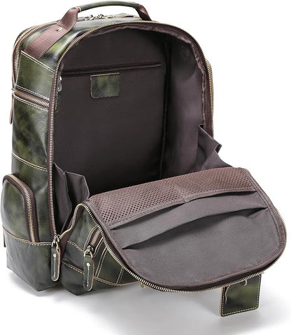 LANNSYNE Vegetable Tanned Leather Backpack for Men, 15.6" Laptop Backpack Camping Travel 24L Rucksack