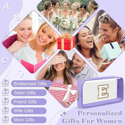 Personalized Initial Letter Clear Makeup Bag,Preppy Small Nylon&PVC Cosmetic Zipper Bag with Chenille Letter,Travel Skincare Toiletry Bag,Monogram Christmas Gift for Teen Girls Women,E