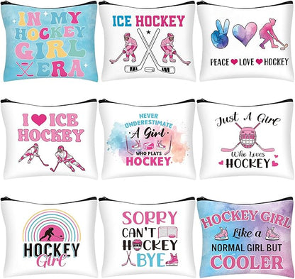 9 Pcs Christmas Hockey Gifts Inspirational Makeup Bag for Women Hockey Lovers Players Ice Gifts Bags Cosmetic Travel Pouch for Women Mom Athletics Birthday