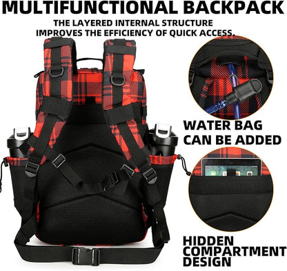 25L Tactical Backpack for Men and Women Military Backpack Small Assault Pack Molle Backpack Bug Out Bag Travel Rucksack Daypack (Red Plaid)