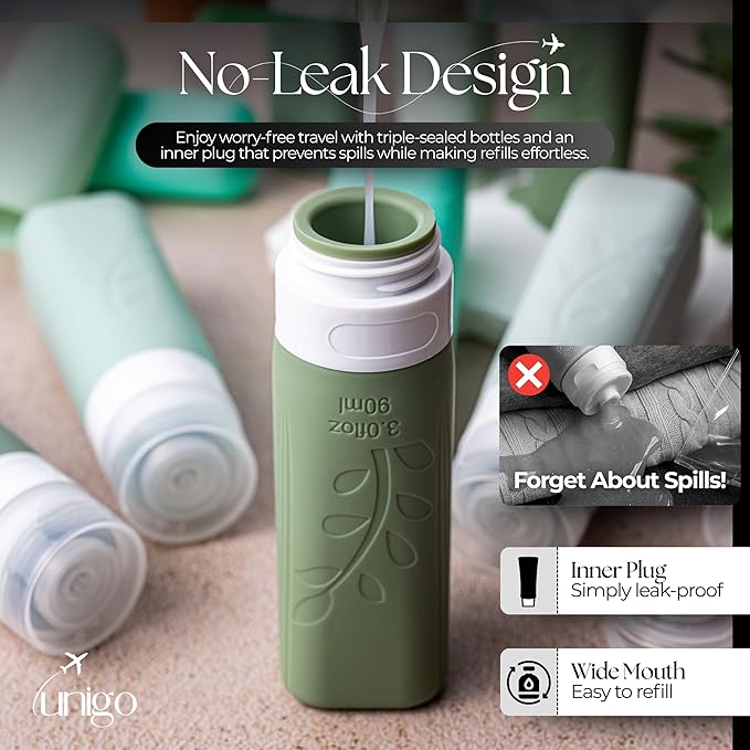 unigo Travel Bottles For Toiletries, 5-pack 3.oz TSA Aprroved Travel Size Bottles, Containers For Toiletries, BPA Free, Leak Prrof, Refillable Containers Bottles (Green)