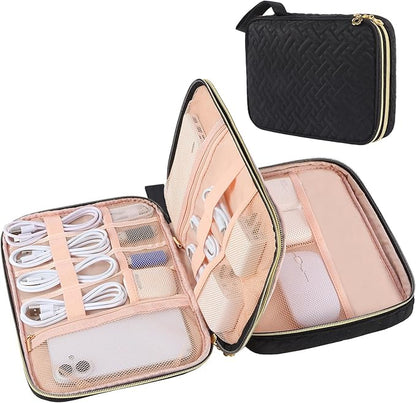 Electronics Organizer Travel Case, Charger Bag Cord Organizer Travel, All-in-One Cable Organizer Bag for Charger, Cords, Phone, Headphones, Flash Drive, SD Card (Black, Large-Double Layer)