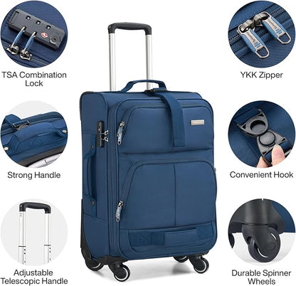 Hanke 20 Inch Softside Expandable Carry On Luggage with Spinner Wheels, Rolling Suitcase Travel Luggage with TSA Approved Luggage,Blue