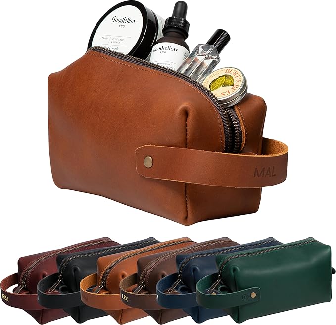Northwind Personalized Leather Toiletry Bag – Full Grain Leather Dopp Kit for Men & Women – Handmade in the USA – Custom Debossed Engraved Initials, Travel Toiletry Bag for Gifts & Grooming Essentials