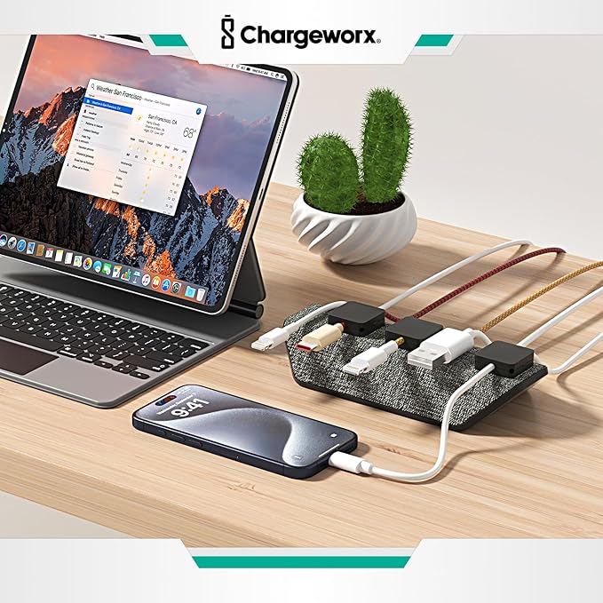CHARGEWORX Magnetic Cable Organizer – 4 Pack - Weighted Non-Adhesive Cord Holder with 3 Magnetic Clips for USB-C, Lightning & MagSafe Cables – Desk, Office & Nightstand Cable Management