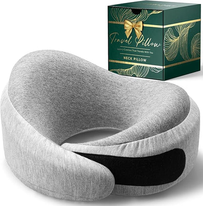Proglobe Light Gray Memory Foam Travel Neck Pillow for Airplanes, Compact Plane Cushion for Long Flights with Soft Chin Support and Compression Bag, Comfortable Lightweight Air Travel Accessory