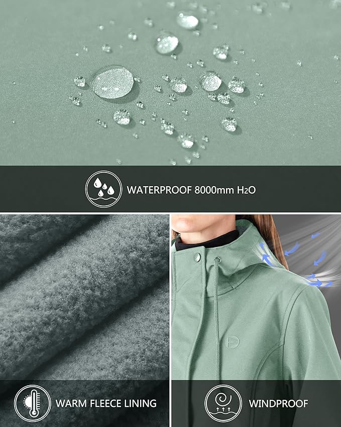 Outdoor Ventures Women's Lightweight Waterproof Fleece Lined Hooded Softshell Rain Jacket, Warm Windbreaker Long Coat