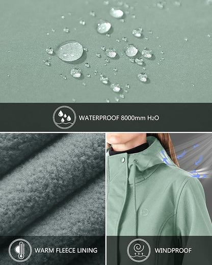 Outdoor Ventures Women's Lightweight Waterproof Fleece Lined Hooded Softshell Rain Jacket, Warm Windbreaker Long Coat