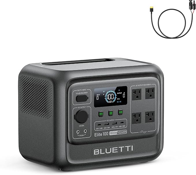 BLUETTI Elite 100 V2 Solar Generator and Solar Charging Cable, 1024Wh LFP Battery Portable Power Station w/ 4 1800W AC Outlets (3600W Surge) Backup, 35% Smaller for Camping, RV, UPS, Outages