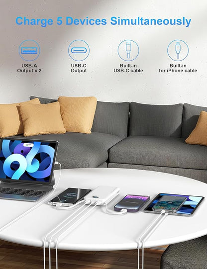 Portable Charger with Wall Plug, 12000mAh USB C Power Bank Fast Charging, External Battery Pack with Built in Cables, Digital Display, 5 Output 4 Input for iPhone Android Cell Phone Tablet