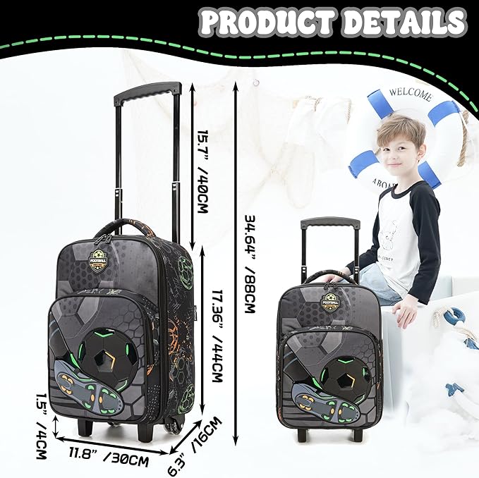 Kids Football Luggage with Wheels Suitcases Travel Softside Suitcases 16" Carry on Suitcase with Duffle Bag Luggage Sets Airline Approved
