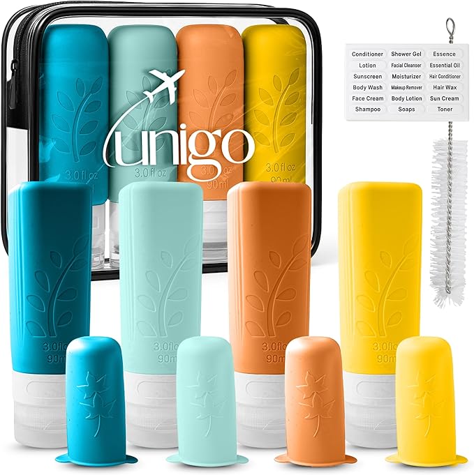 unigo Travel Bottles For Toiletries, TSA Approved Containers, Travel Size Toiletries, Shampoo and Conditioner Bottles, Leak Proof and Refillable Bottles, BPA Free, Extra Bottle Covers (Multicolor B)