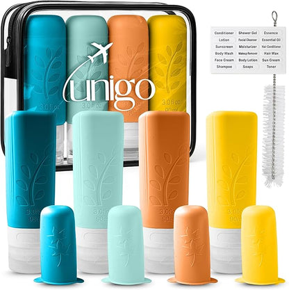 unigo Travel Bottles For Toiletries, TSA Approved Containers, Travel Size Toiletries, Shampoo and Conditioner Bottles, Leak Proof and Refillable Bottles, BPA Free, Extra Bottle Covers (Multicolor B)