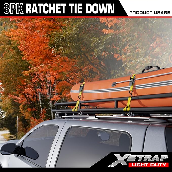 XSTRAP STANDARD Ratchet Tie Down Straps - 8PK - 1'' x 10 ft - 900 LB Break Strength Cargo Straps for Moving Appliances, Lawn Equipment, Motorcycle Yellow