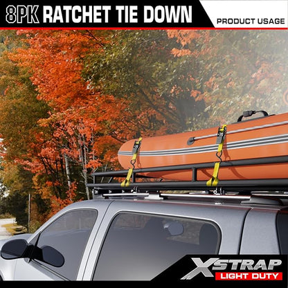 XSTRAP STANDARD Ratchet Tie Down Straps - 8PK - 1'' x 10 ft - 900 LB Break Strength Cargo Straps for Moving Appliances, Lawn Equipment, Motorcycle Yellow