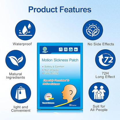 KONGDY 30 Counts Motion Sickness Patches for Boat Rides, Car Trips, Airplane Travel, Cruise Ship and Other Forms of Transport, Non Drowsy, Travel Essentials for Adults and Kids