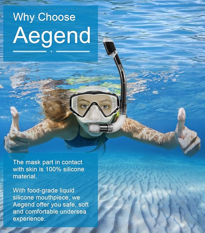 Aegend Snorkeling Gear for Adults Youth Kids, Dry Snorkel Set Panoramic View Enhanced Anti-Leak and Anti-Fog Technology, Adjustable Strap for Snorkeling Scuba Diving Swimming with Mesh Bag