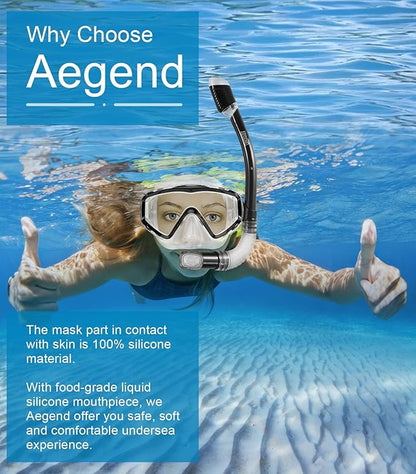 Aegend Snorkeling Gear for Adults Youth Kids, Dry Snorkel Set Panoramic View Enhanced Anti-Leak and Anti-Fog Technology, Adjustable Strap for Snorkeling Scuba Diving Swimming with Mesh Bag