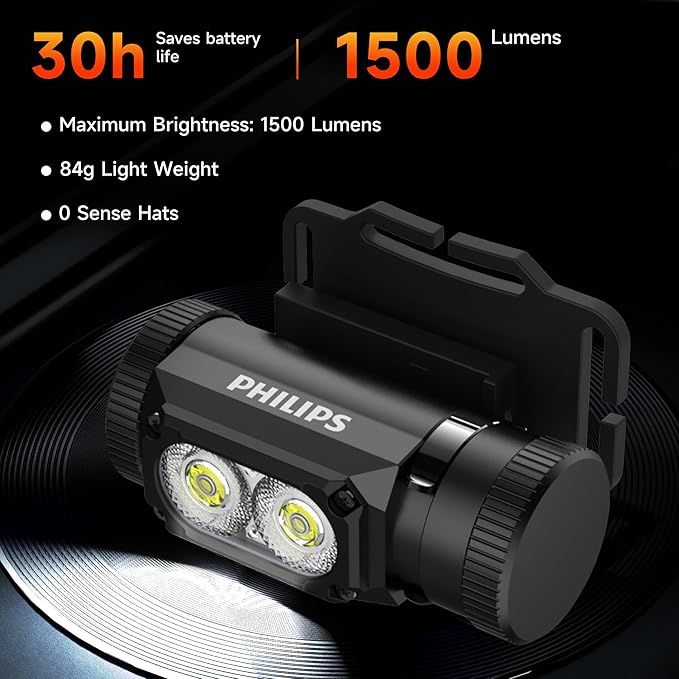 Philips SFL3255 LED Headlamp Rechargeable,1500 Lumens Super Bright Aluminium Magnetic Attraction Head Light Flashlight,Adults-Camping Accessories Gear,5 Modes for Outdoor Setting,USB Cable Included